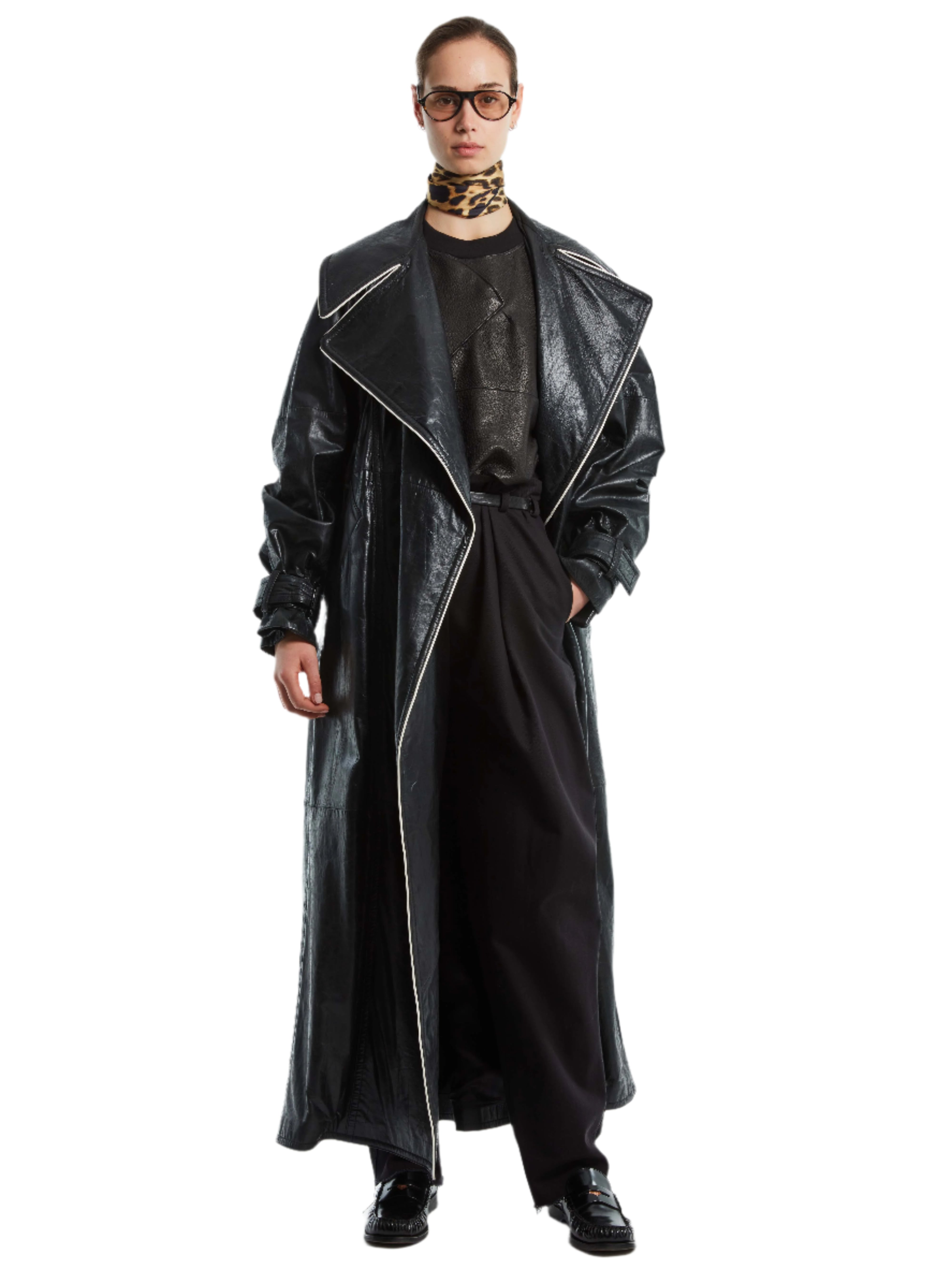CAPED LEATHER LONG TRENCH