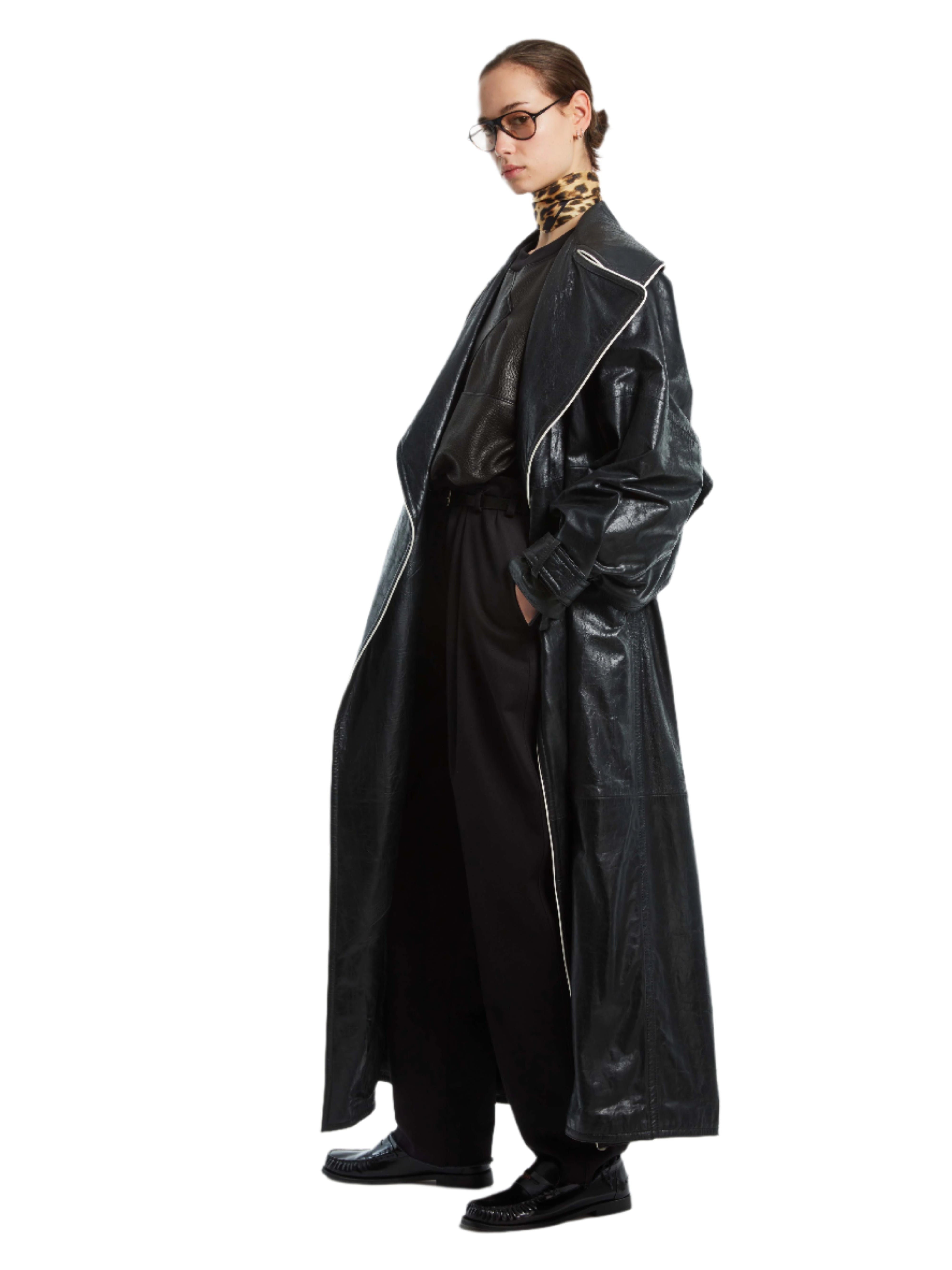 CAPED LEATHER LONG TRENCH