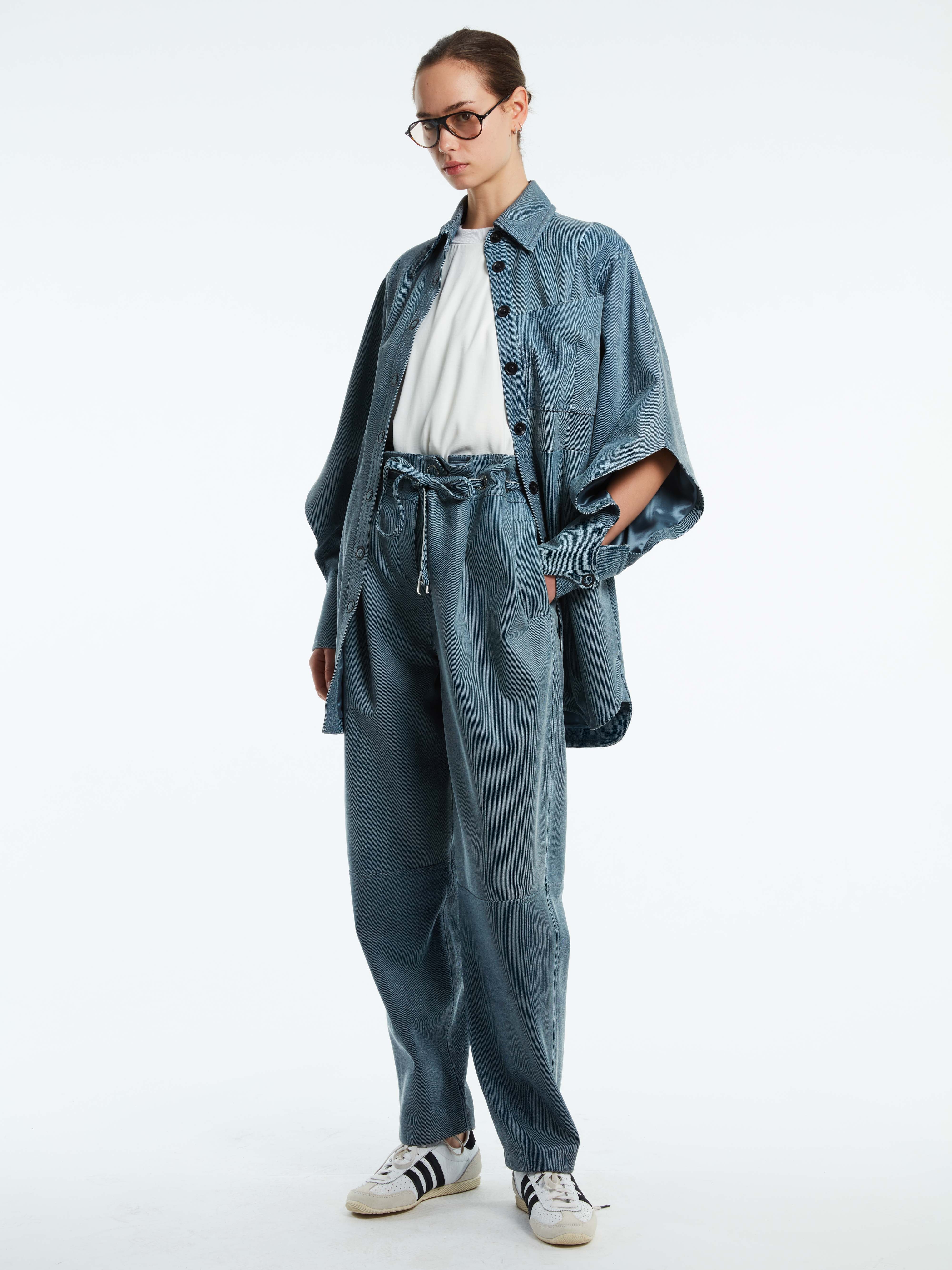 LEATHER DENIM PAPER BAG PANT