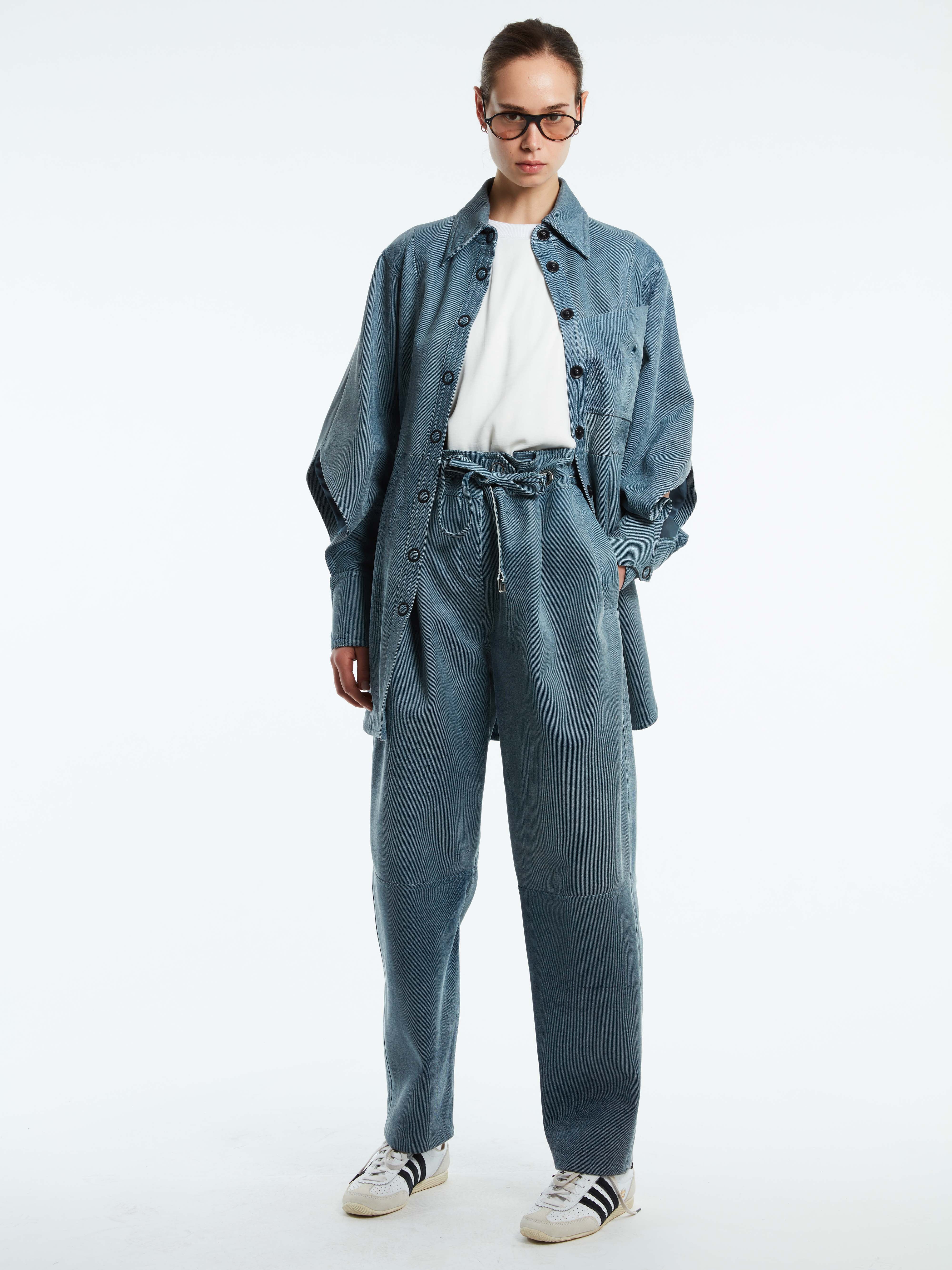 LEATHER DENIM PAPER BAG PANT