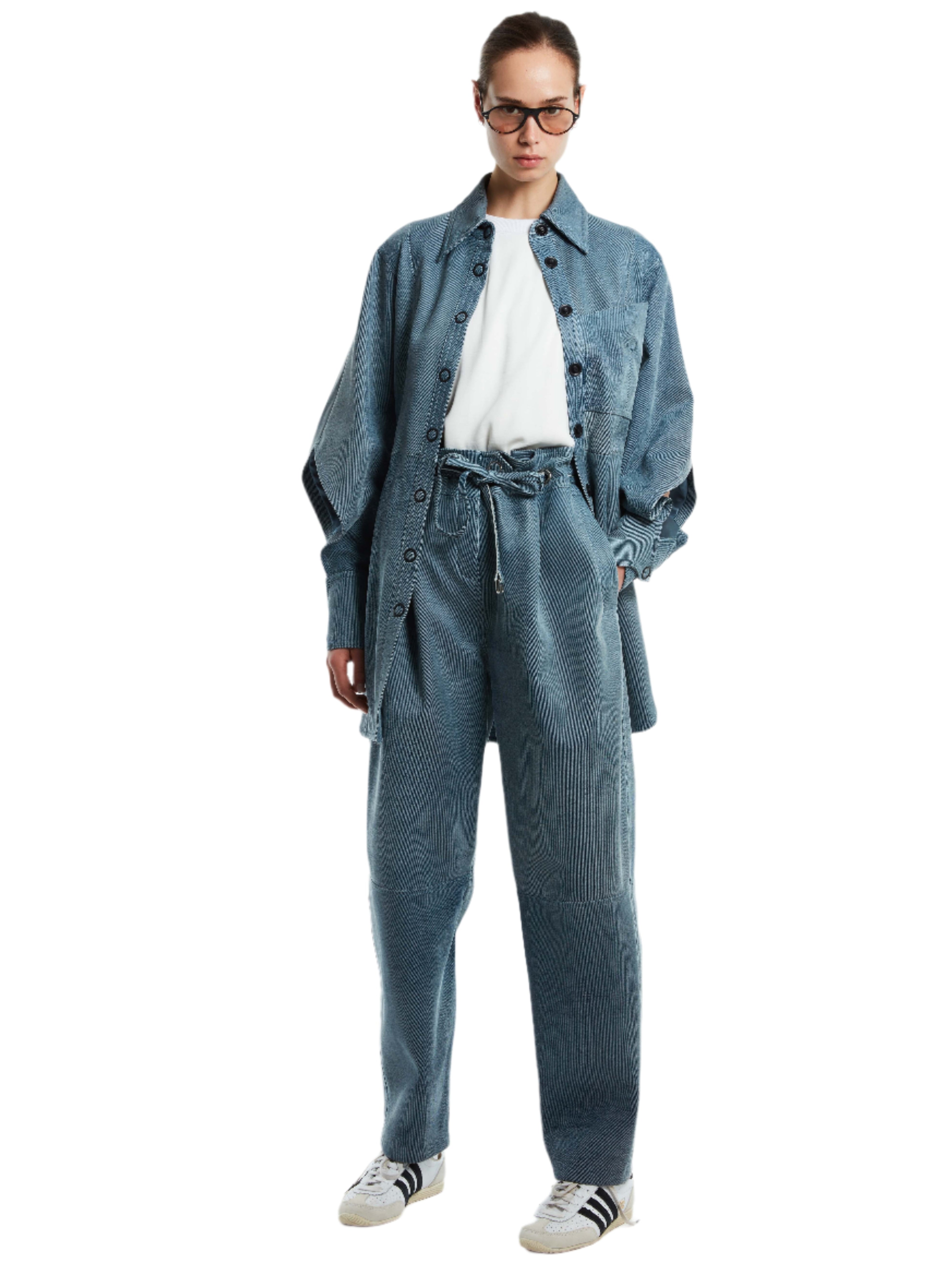 LEATHER DENIM PAPER BAG PANT