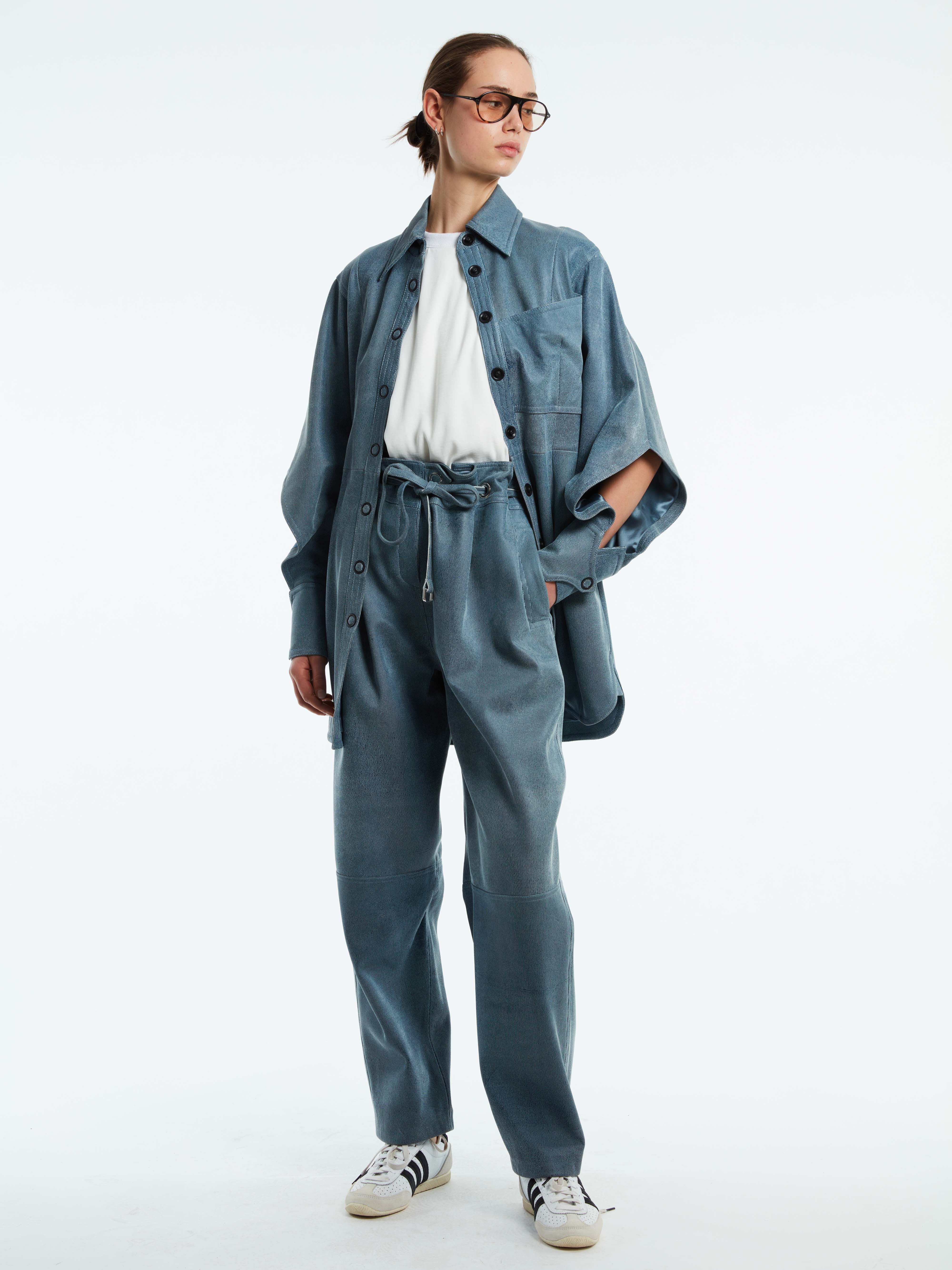 LEATHER DENIM PAPER BAG PANT