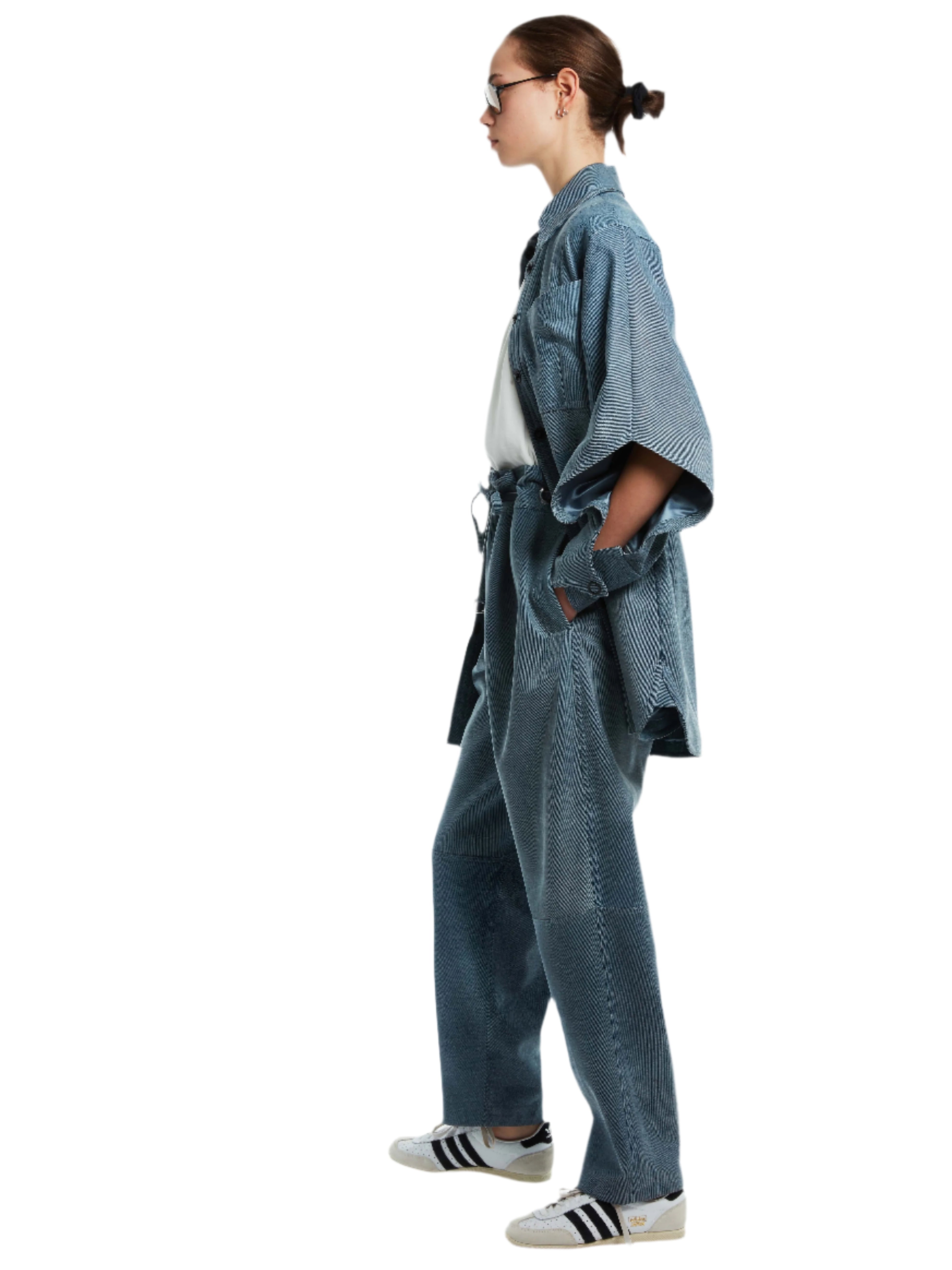 LEATHER DENIM PAPER BAG PANT