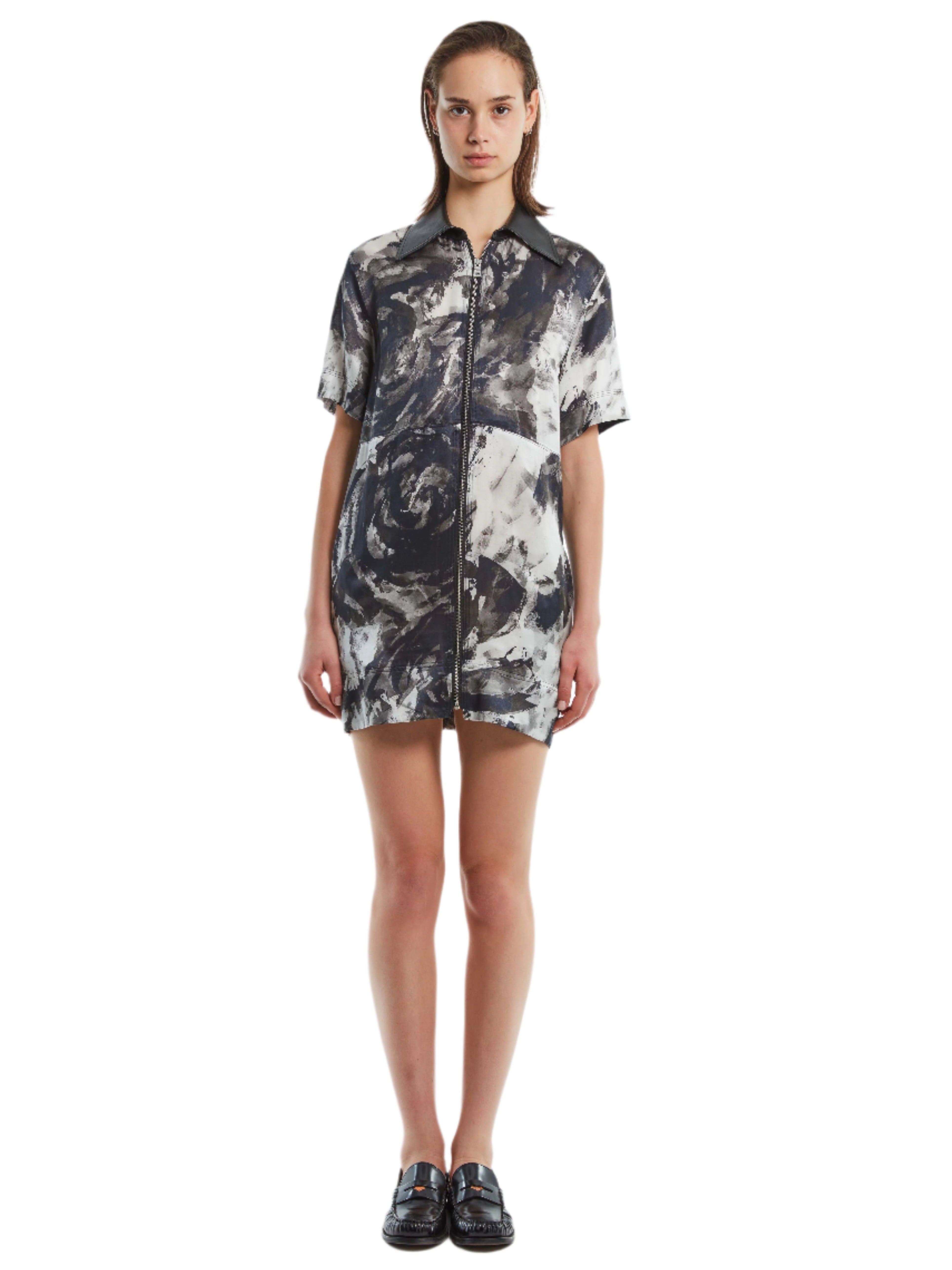 ZIP UP SHIRT DRESS WITH LEATHER COLLAR