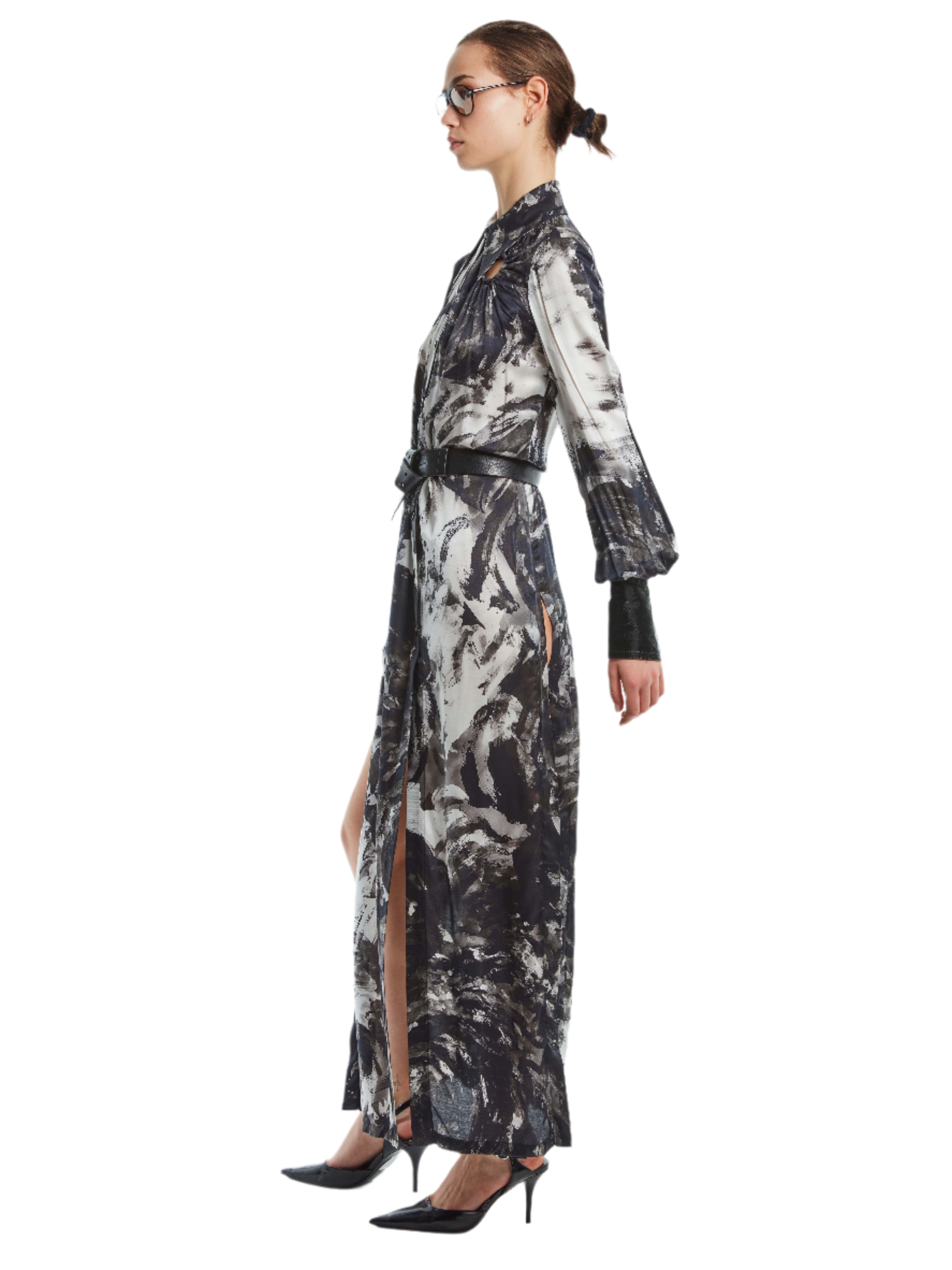 MAXI DRESS WITH LEATHER TRIM SLEEVES