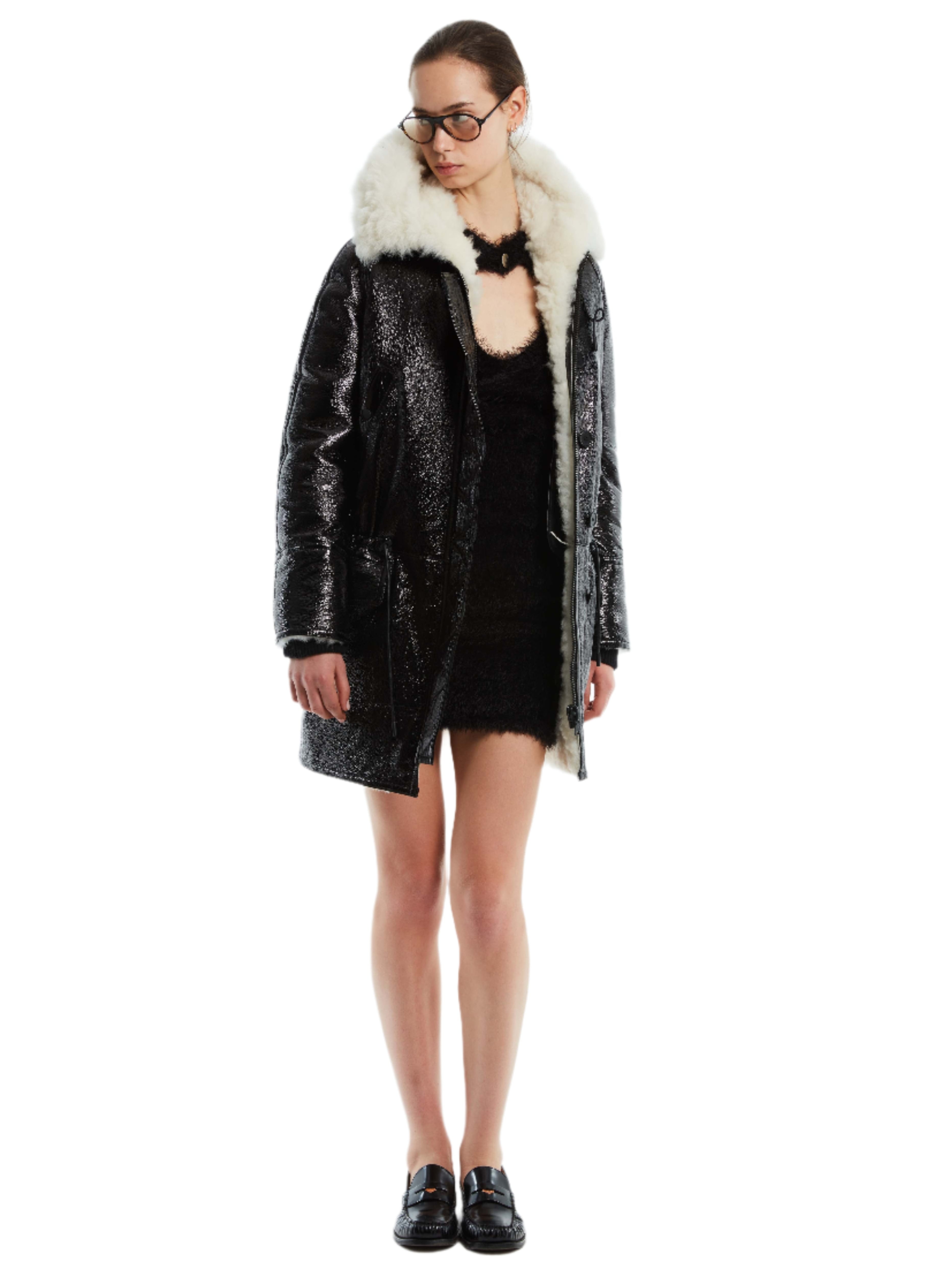 PATENT LEATHER WHITE FUR PARKA