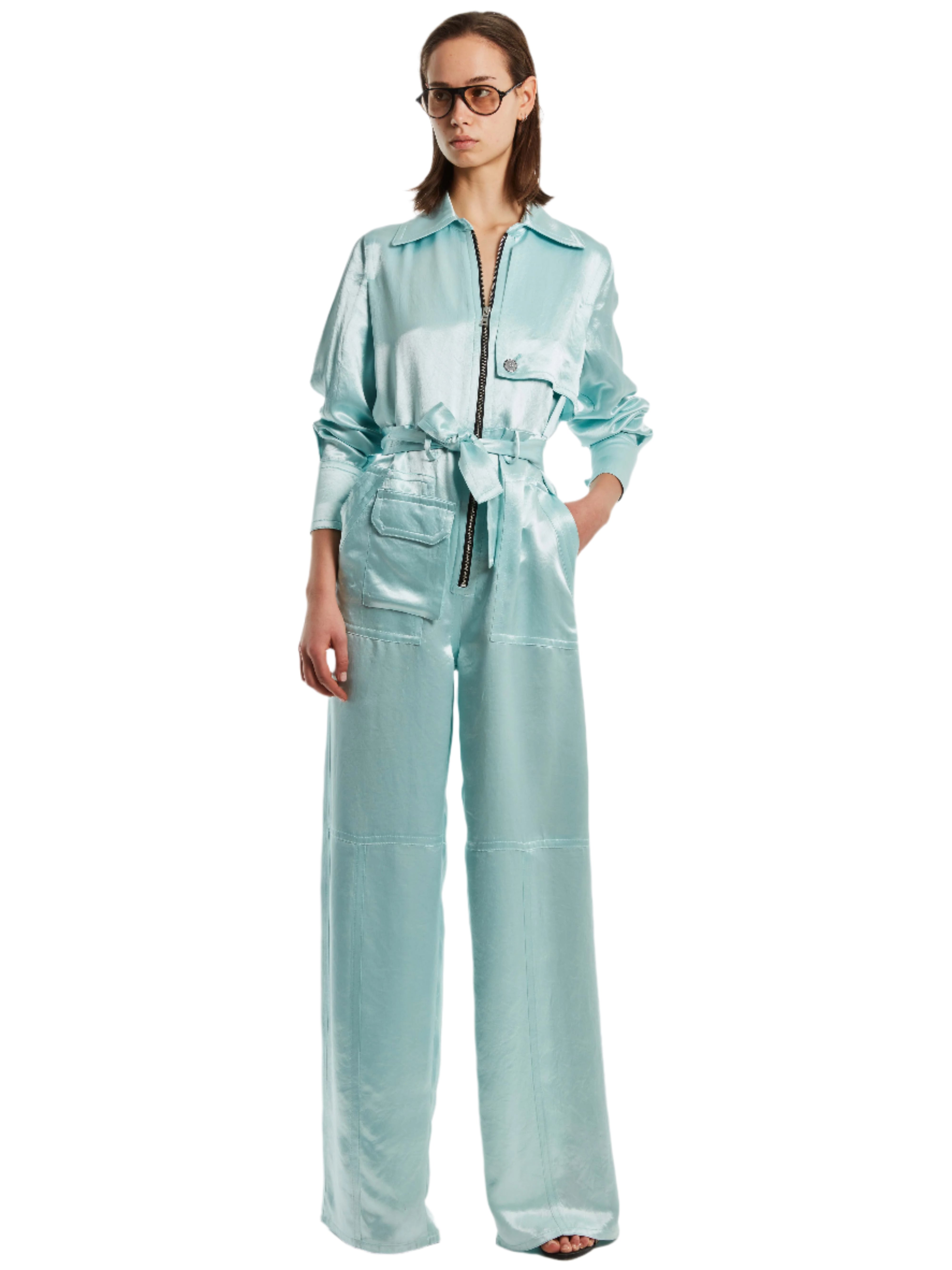 MILA COASTAL MINT JAPANESE SATIN JUMPSUIT W/ CAPE DETAILING