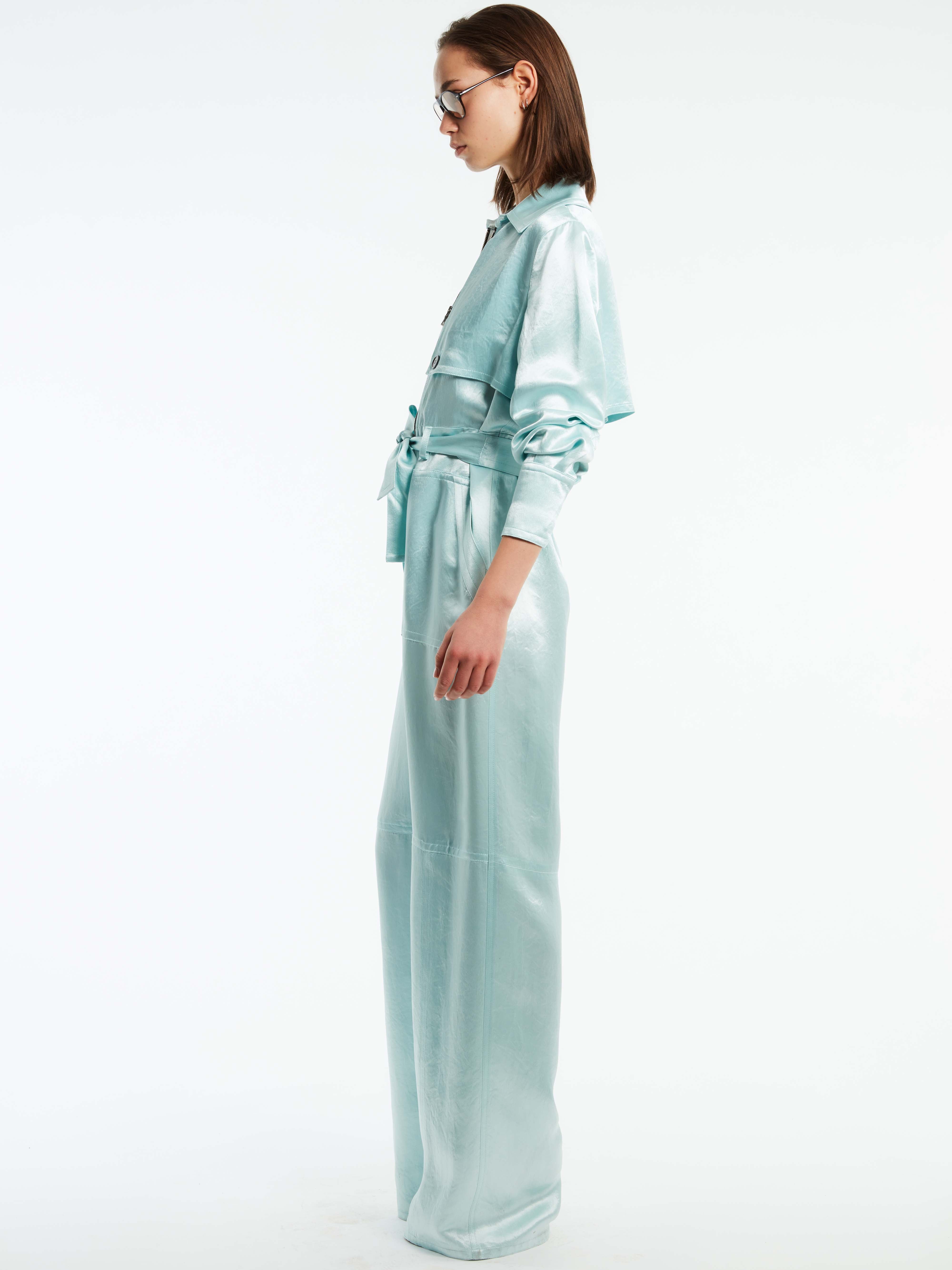 MILA COASTAL MINT JAPANESE SATIN JUMPSUIT W/ CAPE DETAILING