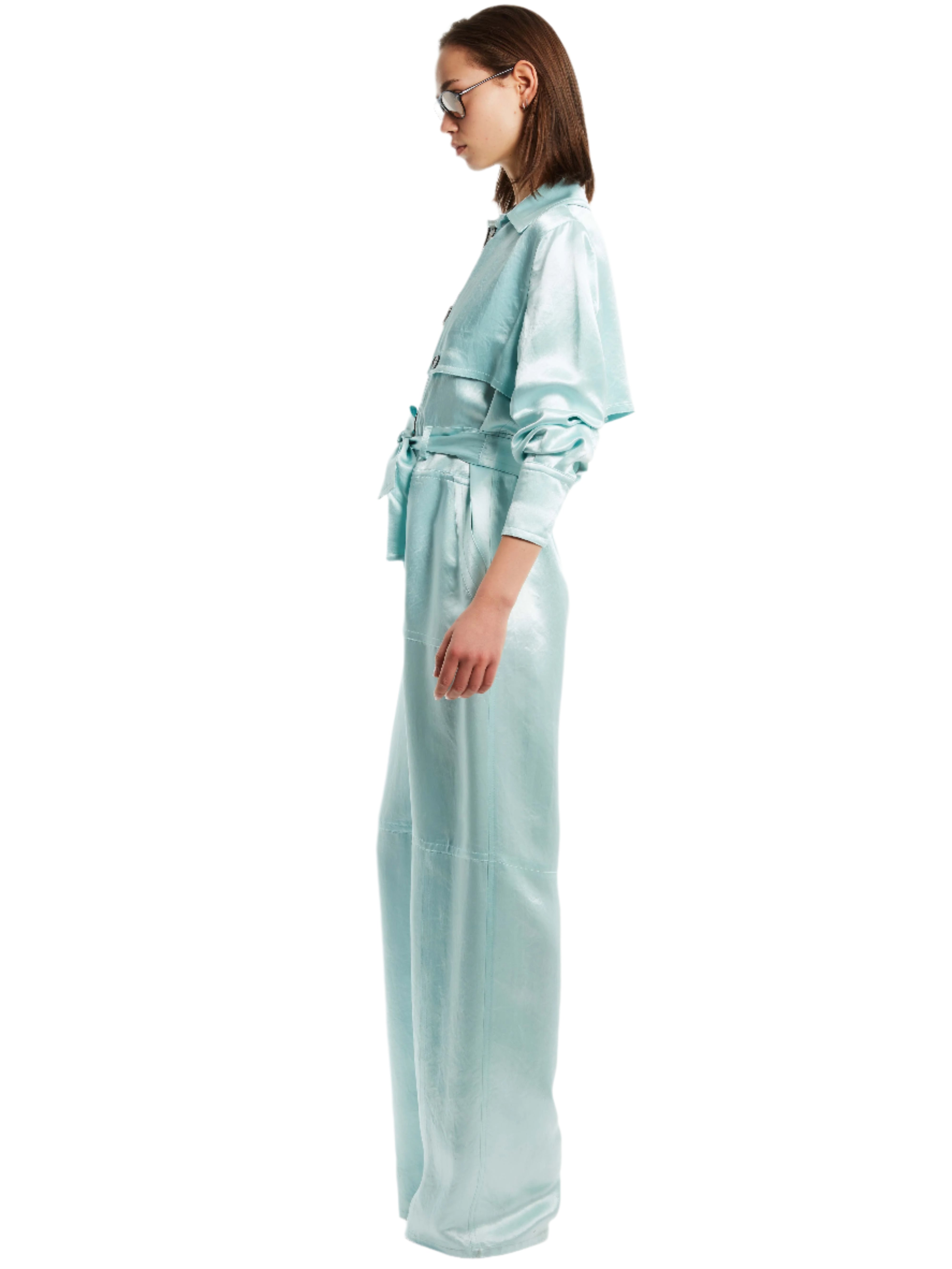 MILA COASTAL MINT JAPANESE SATIN JUMPSUIT W/ CAPE DETAILING