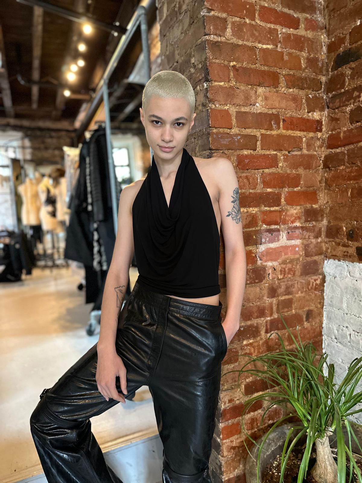 BLACK COWL DRAPE MATTE JERSEY TOP