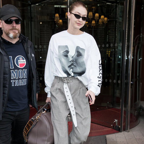 Gigi Hadid In Our FW18 Check Menswear Trouser