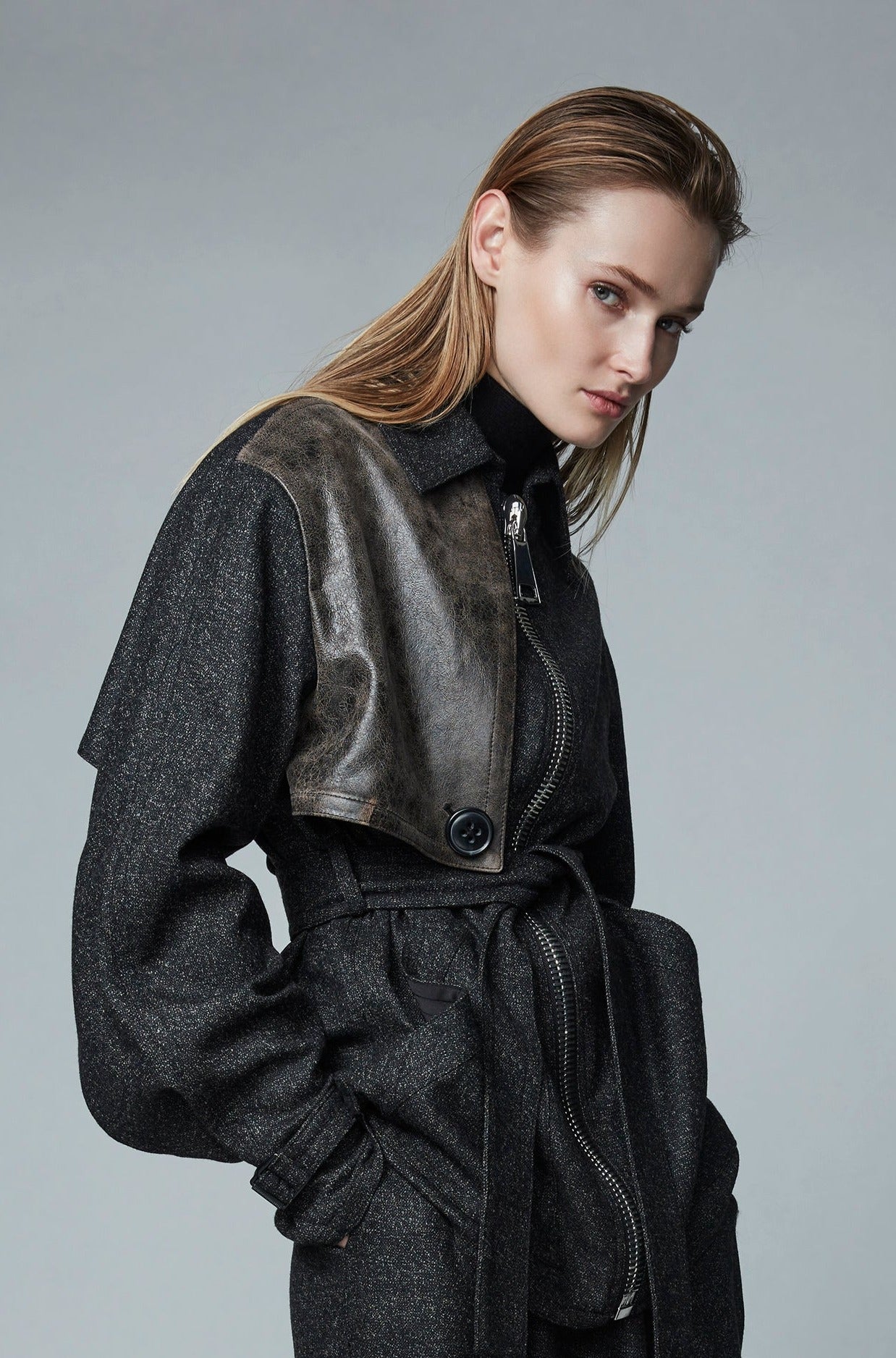 WOOL GABARDINE UTILITY SPORT JACKET WITH DISTRESSED LAMB LEATHER PANEL &  OVERSIZED ZIPPER