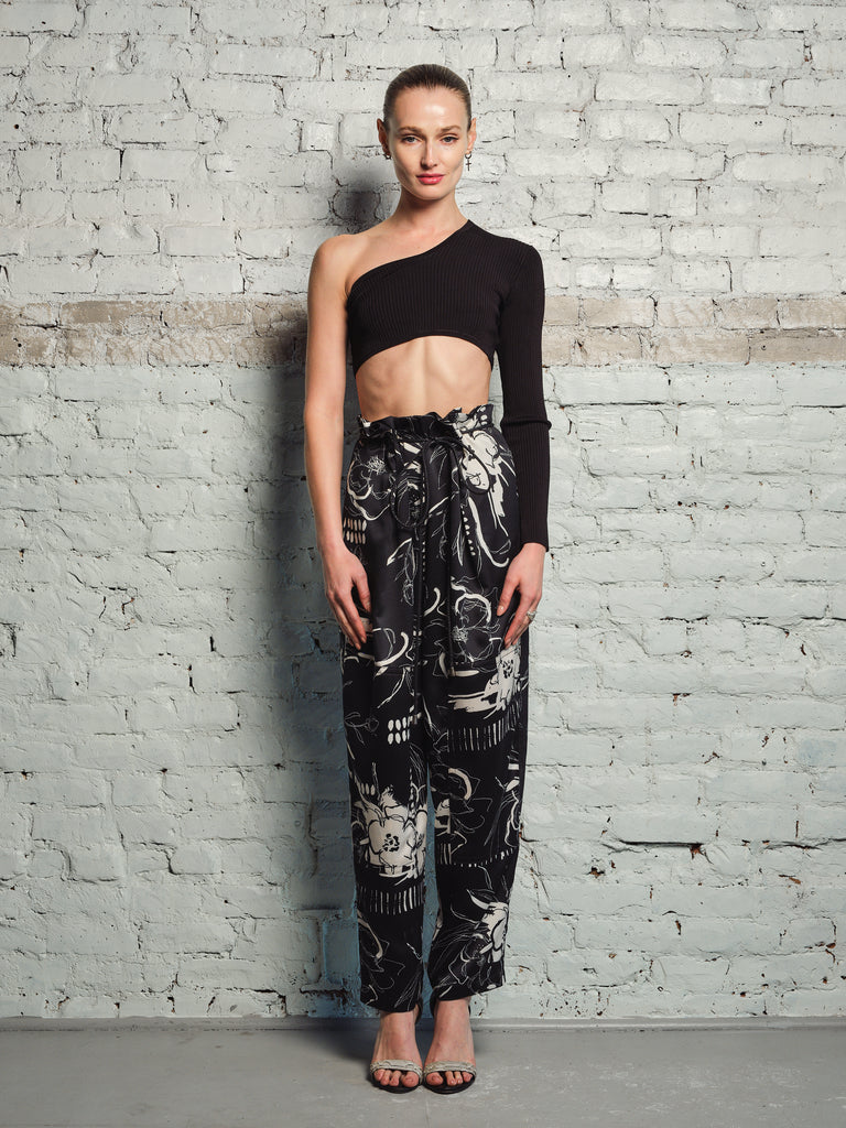 PRINTED PAPER BAG PANT WITH KNEE PATCH DETAILS