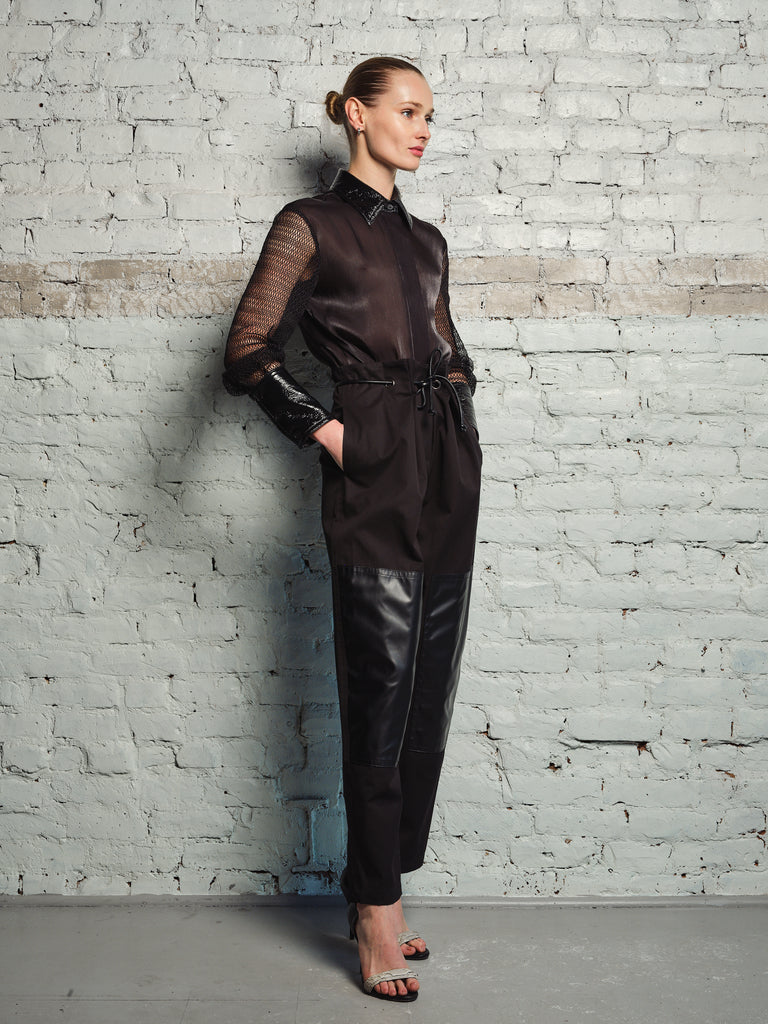 LEATHER MESH COMBO SHIRT