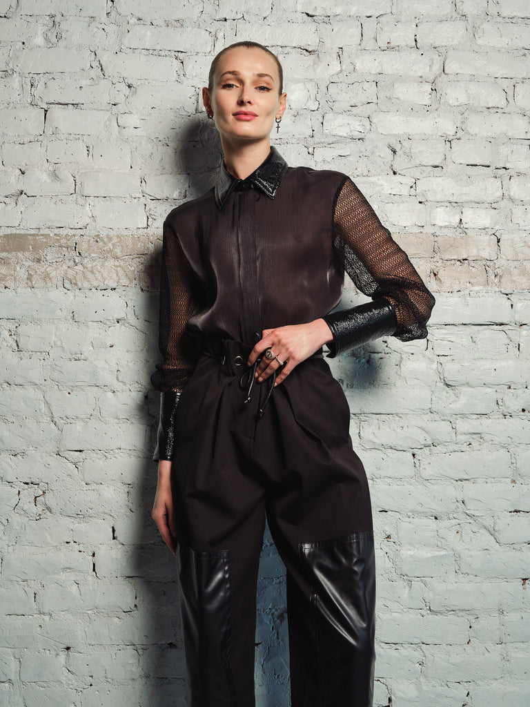 LEATHER MESH COMBO SHIRT