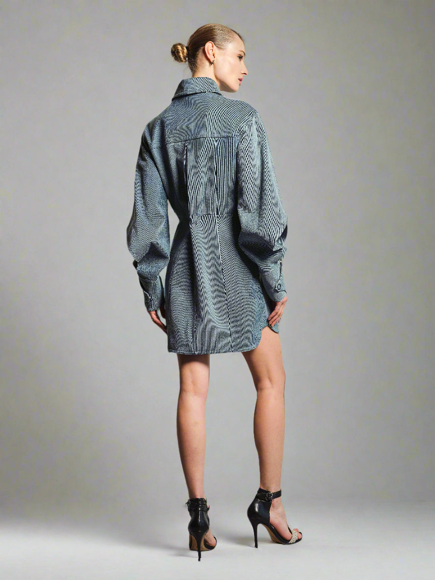 LEATHER DENIM DRESS WITH SLEEVE DETAILS