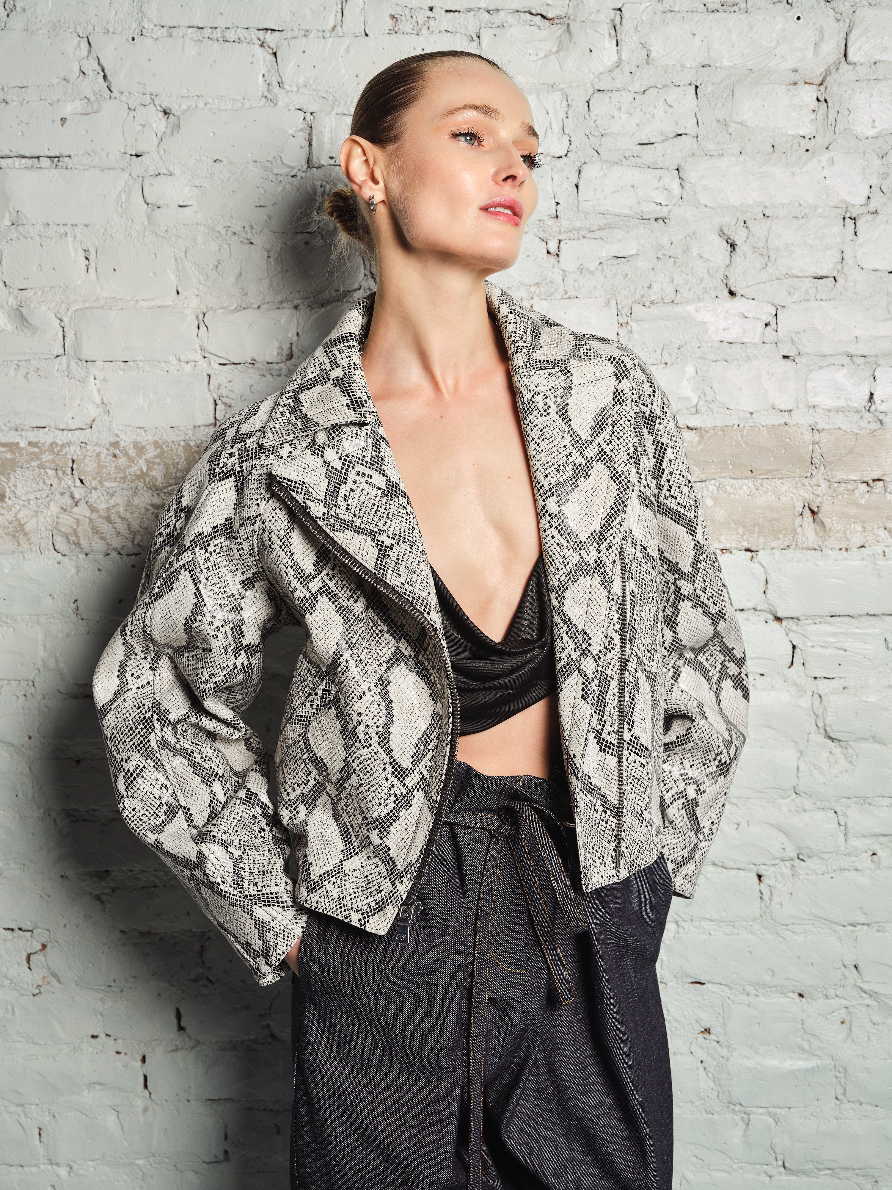 PYTHON PRINTED COCOON SHAPED LEATHER JACKET