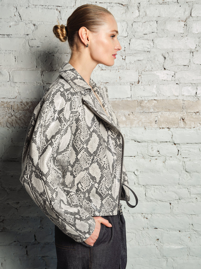 PYTHON PRINTED COCOON SHAPED LEATHER JACKET