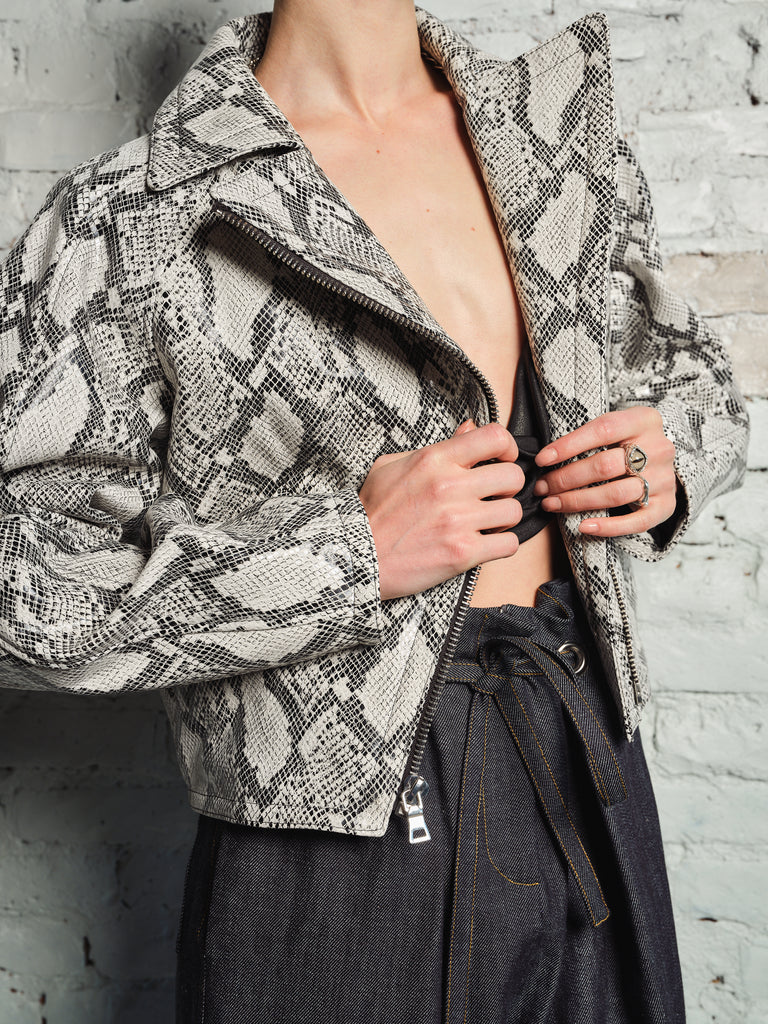 PYTHON PRINTED COCOON SHAPED LEATHER JACKET