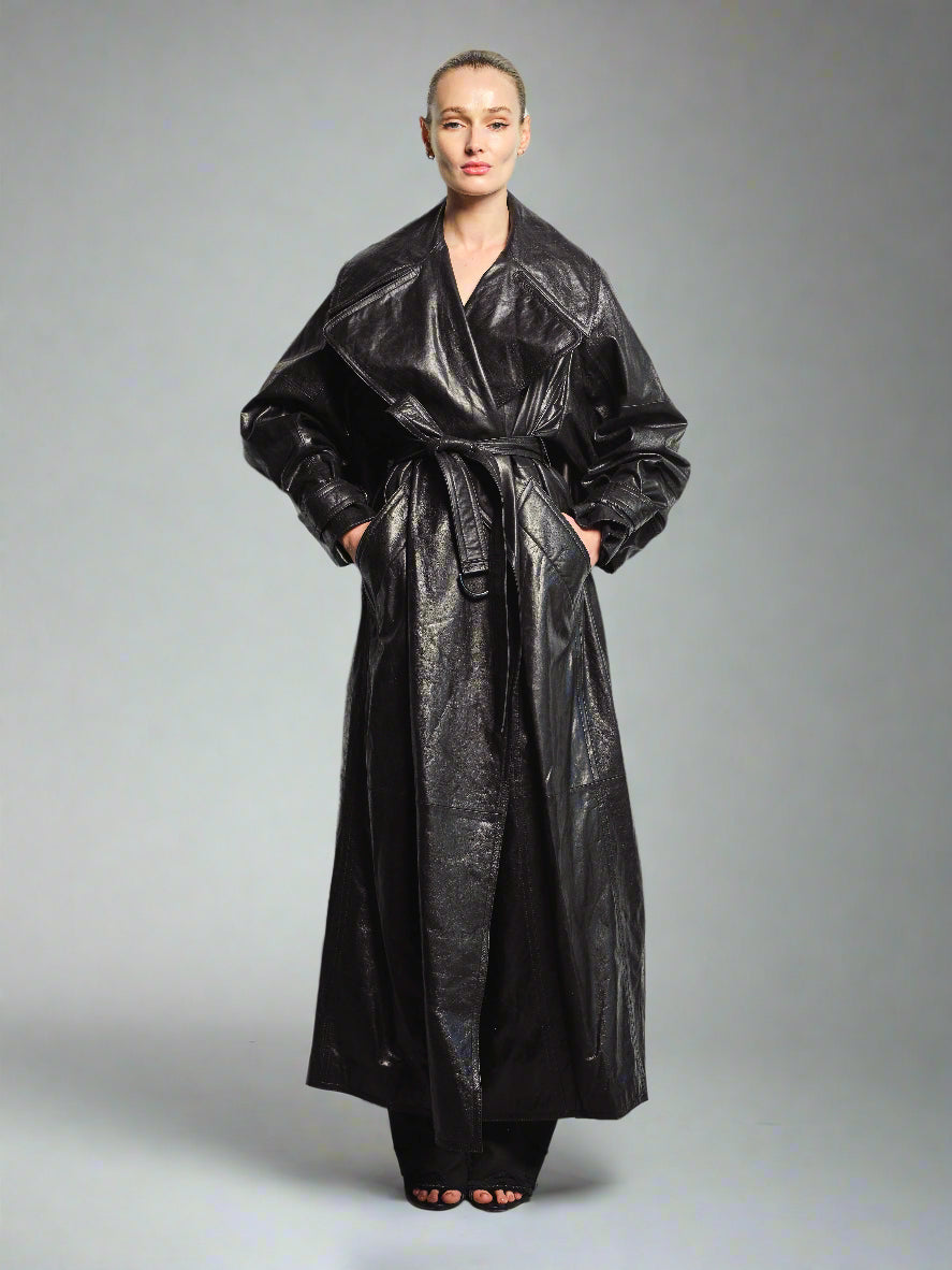 BLACK CAPED LEATHER LONG TRENCH