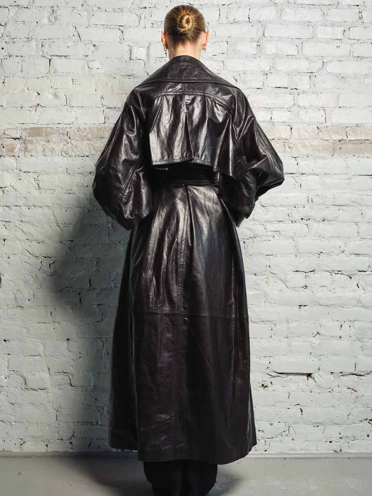 BLACK CAPED LEATHER LONG TRENCH