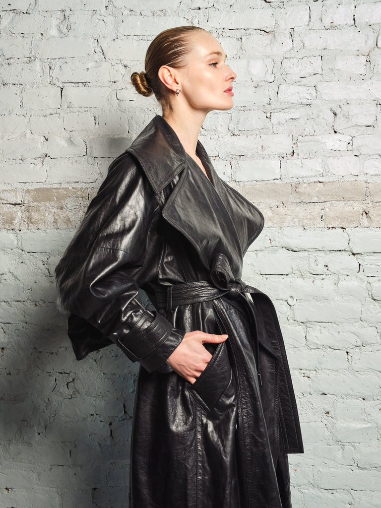 BLACK CAPED LEATHER LONG TRENCH