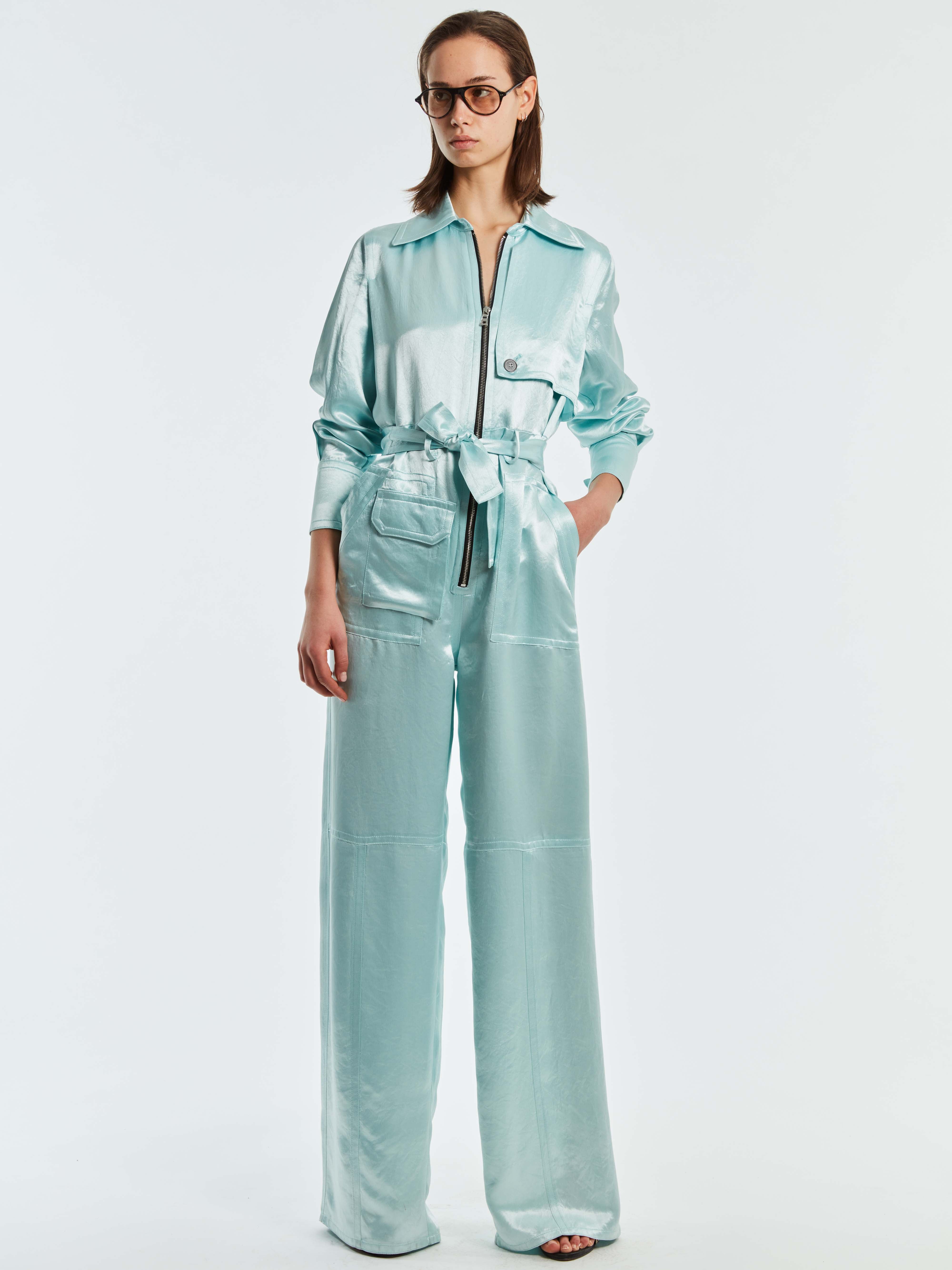 MILA COASTAL MINT JAPANESE SATIN JUMPSUIT W/ CAPE DETAILING