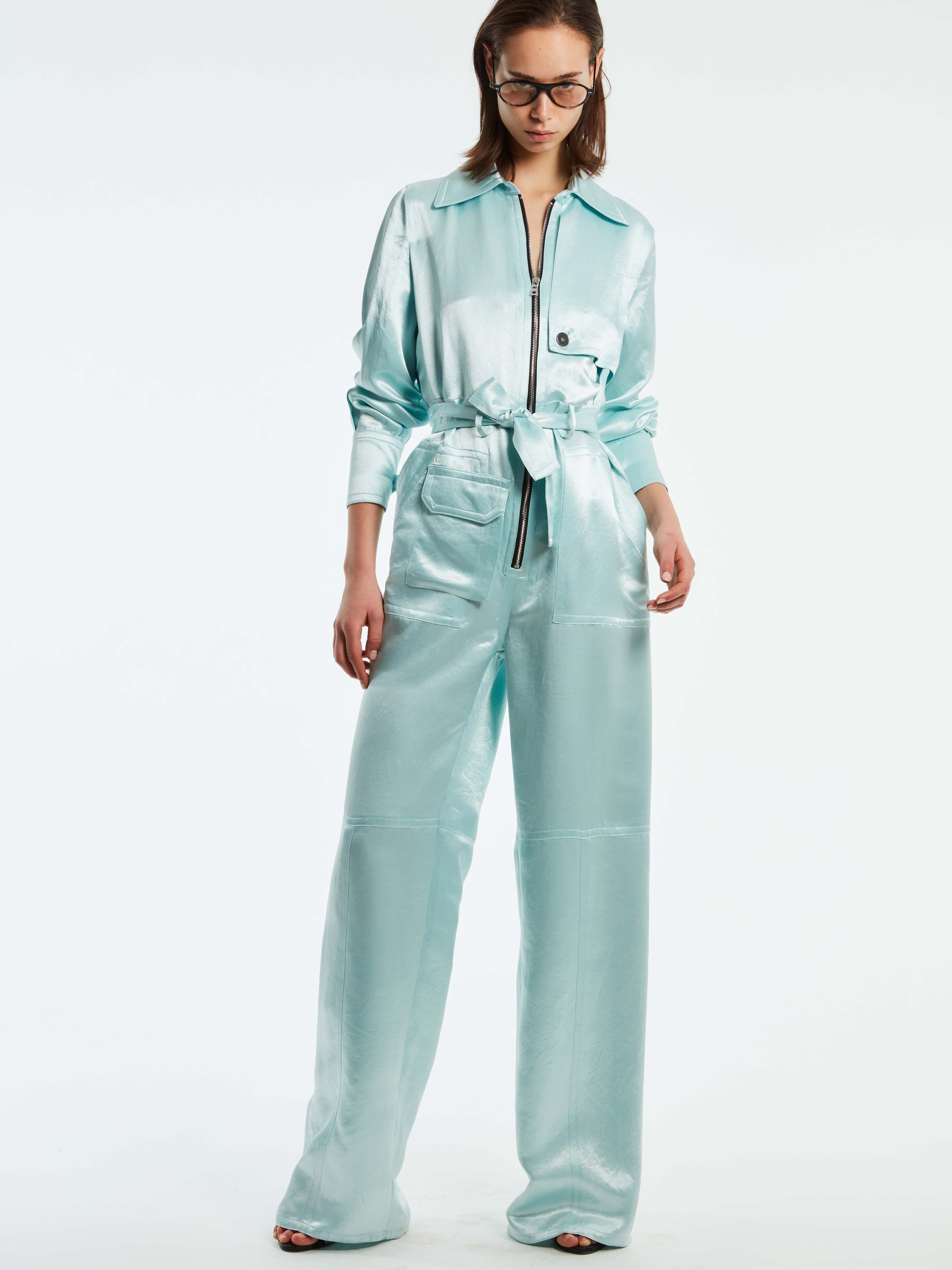 MILA COASTAL MINT JAPANESE SATIN JUMPSUIT W/ CAPE DETAILING