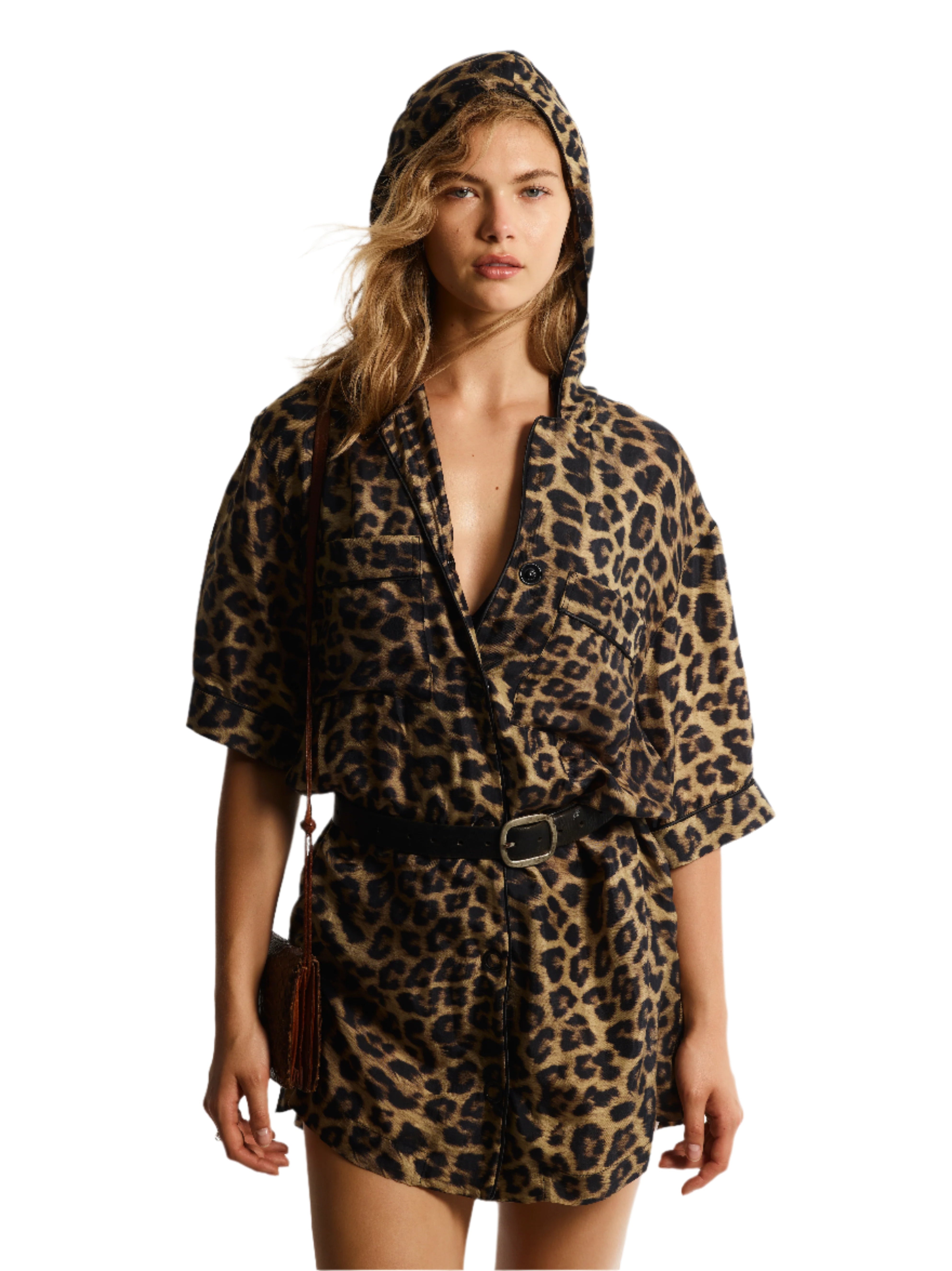 LEOPARD PRINT HOODED SHIRT DRESS