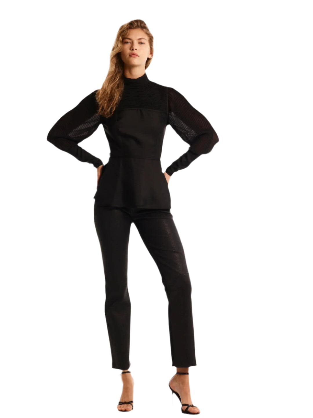 SILK PLEADED BLOUSE. BLACK