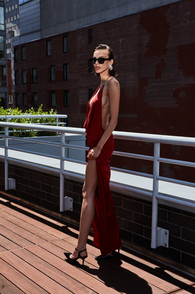 HOLLYWOOD GLAM DRAPED HIGH SLIT MAXI DRESS