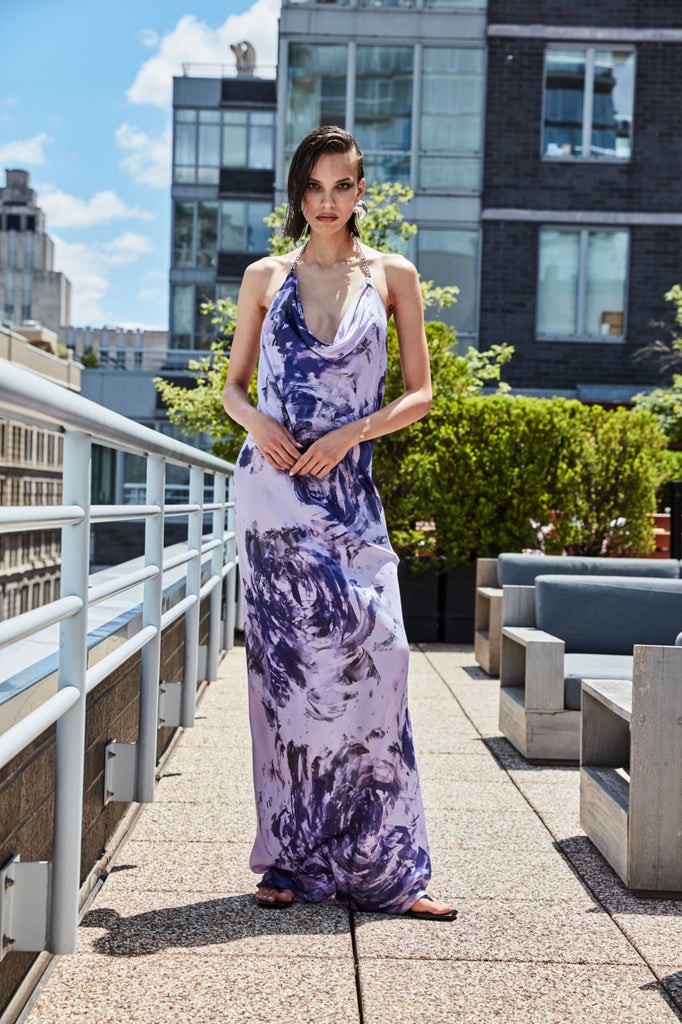 ABSTRACT PRINTED COWL FRONT ITALIAN SILK MAXI DRESS