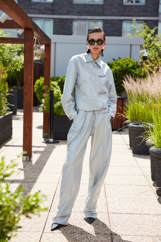 JAPANESE GABARDINE JACKET W/ SILVER FOIL PRINT & METAL HARDWARE