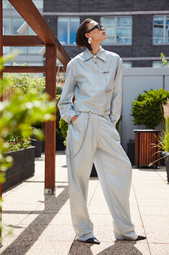 JAPANESE GABARDINE PANT W/ SILVER FOIL PRINT & METAL HARDWARE