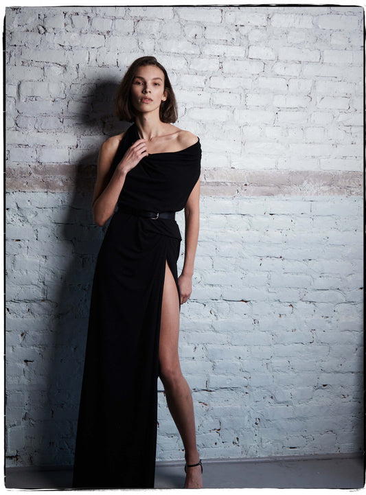 ASYMMETRICAL HIGH SLIT GOWN