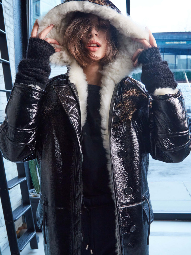 PATENT LEATHER WHITE FUR PARKA