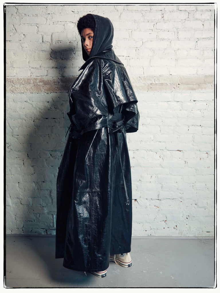 CAPED LEATHER LONG TRENCH