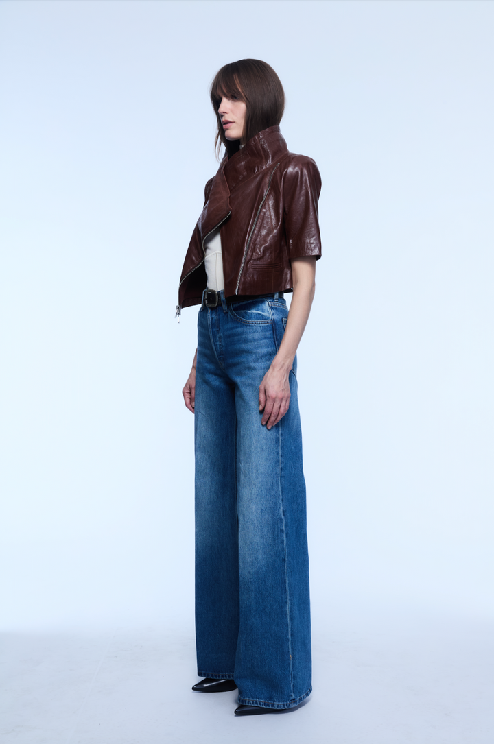 CROPPED LEATHER JACKET BROWN