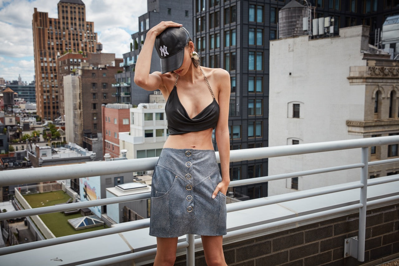 DENIM CUT LEATHER SKIRT