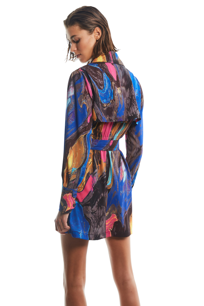 TRENCH DAY TIME DRESS W/ ABSTRACT PRINT