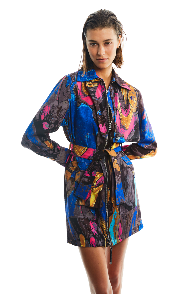 TRENCH DAY TIME DRESS W/ ABSTRACT PRINT