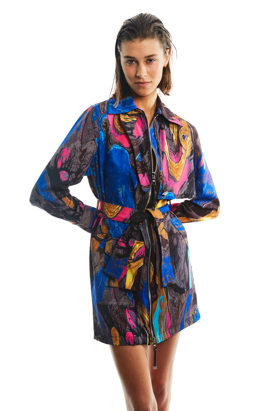 TRENCH DAY TIME DRESS W/ABSTRACT PRINT