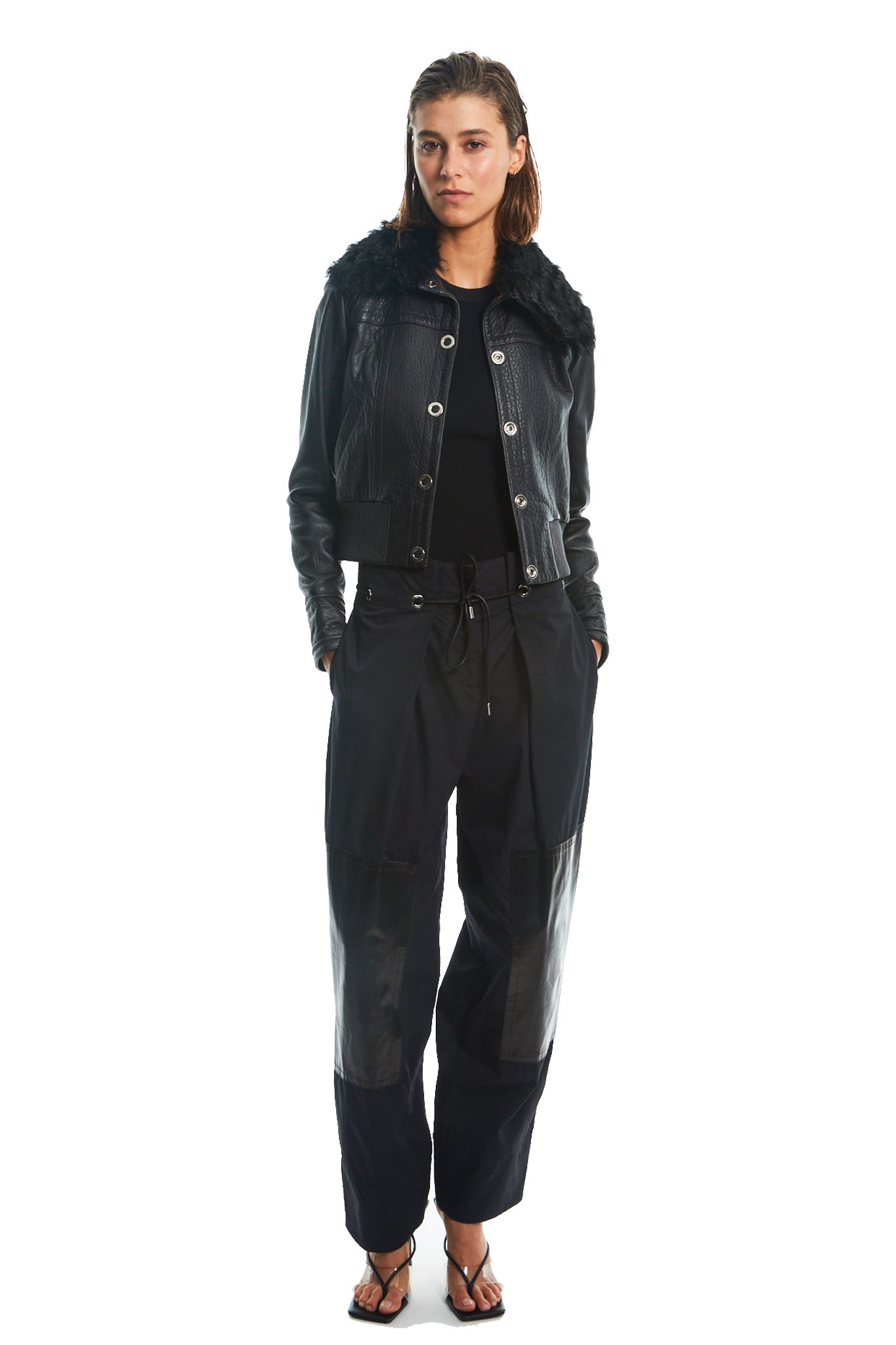LEATHER JACKET WITH DETACHABLE FUR COLLAR