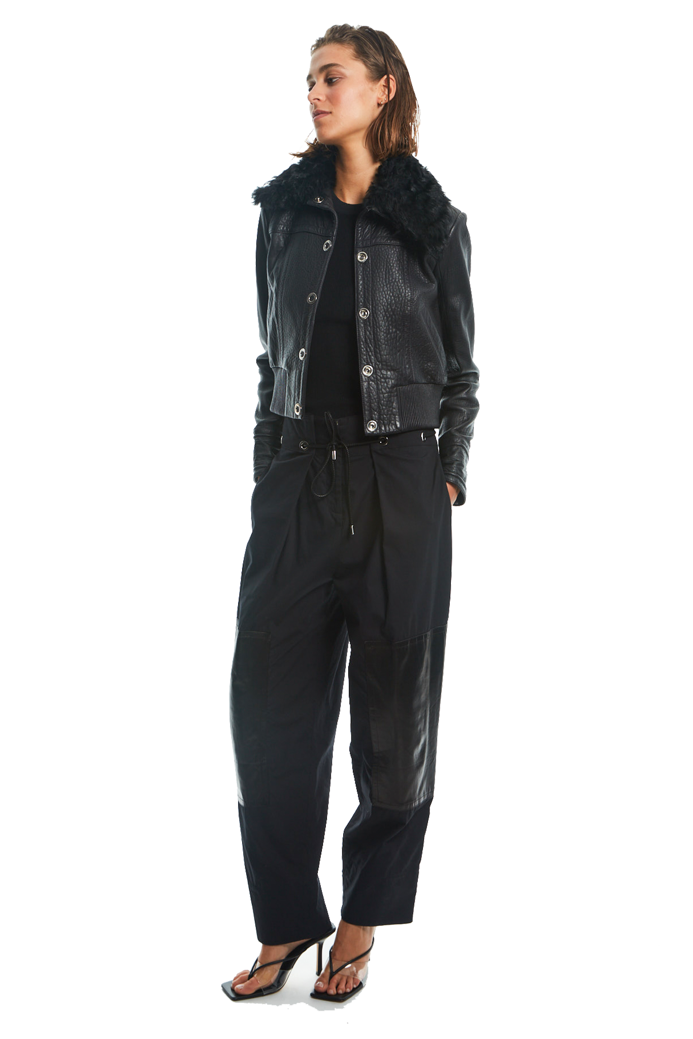LEATHER JACKET WITH DETACHABLE FUR COLLAR