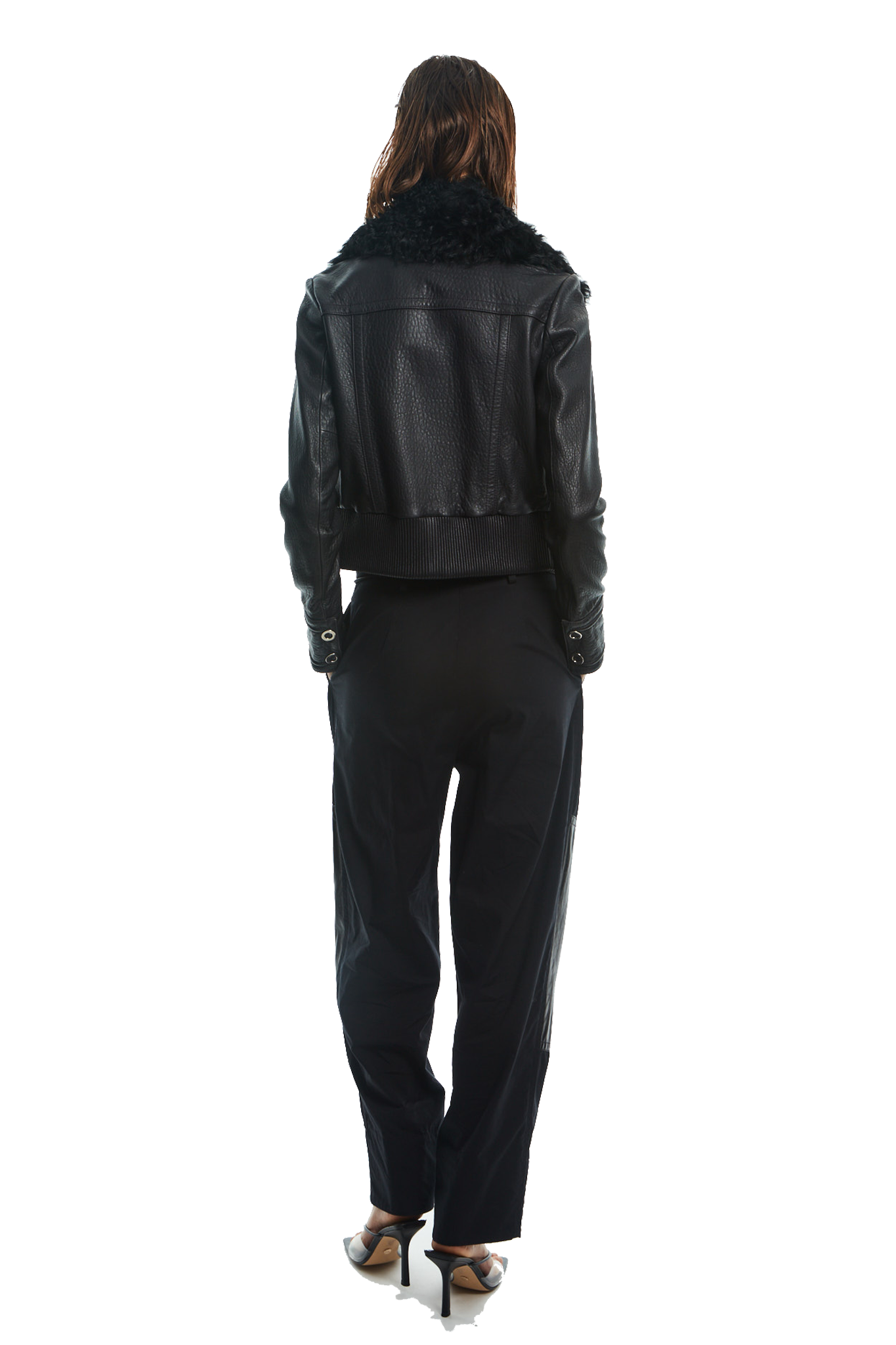 LEATHER JACKET WITH DETACHABLE FUR COLLAR