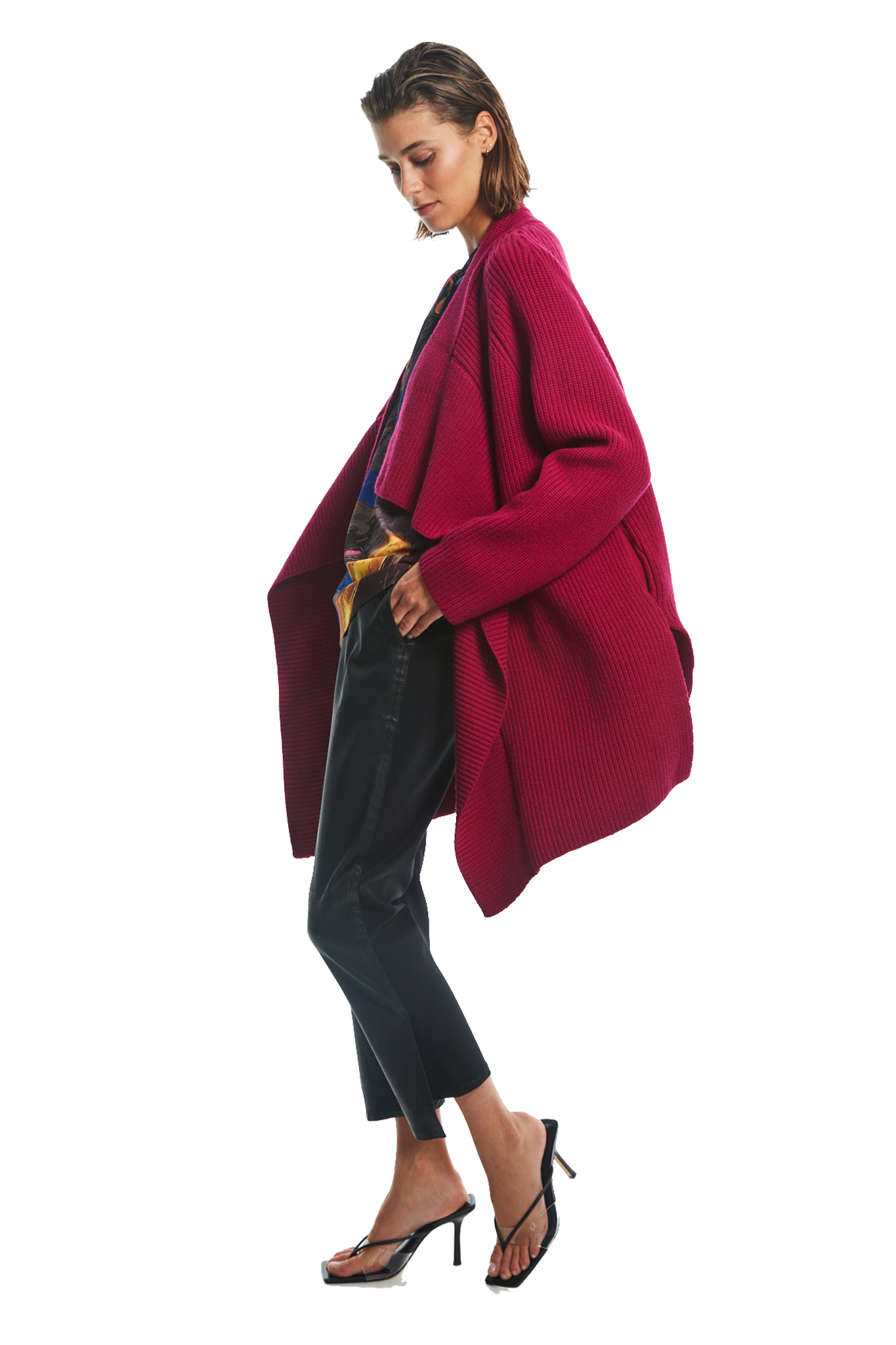 LONG KNIT CARDIGAN W/ BELT FUCHSIA