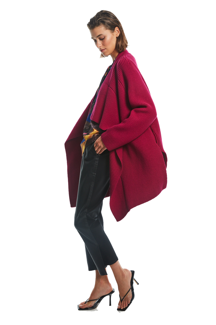 LONG KNIT CARDIGAN W/BELT FUSHIA