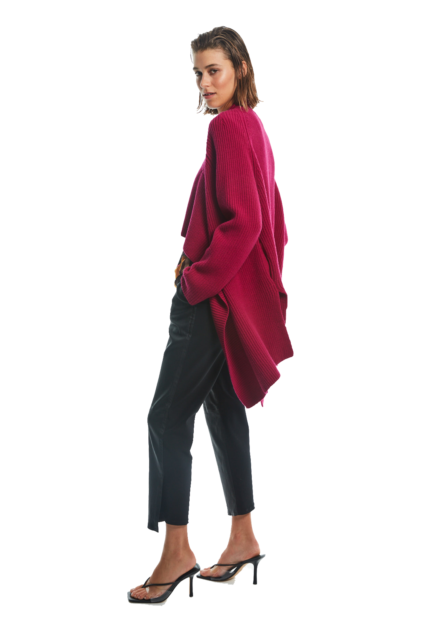 LONG KNIT CARDIGAN W/ BELT FUCHSIA