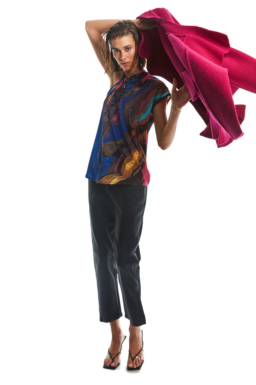 LONG KNIT CARDIGAN W/BELT FUSHIA