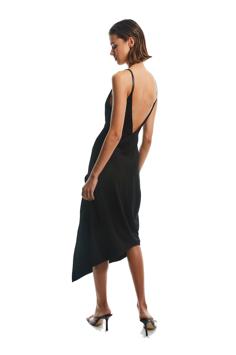 LEATHER PATCH PANEL DRESS WITH HIGH SLIT